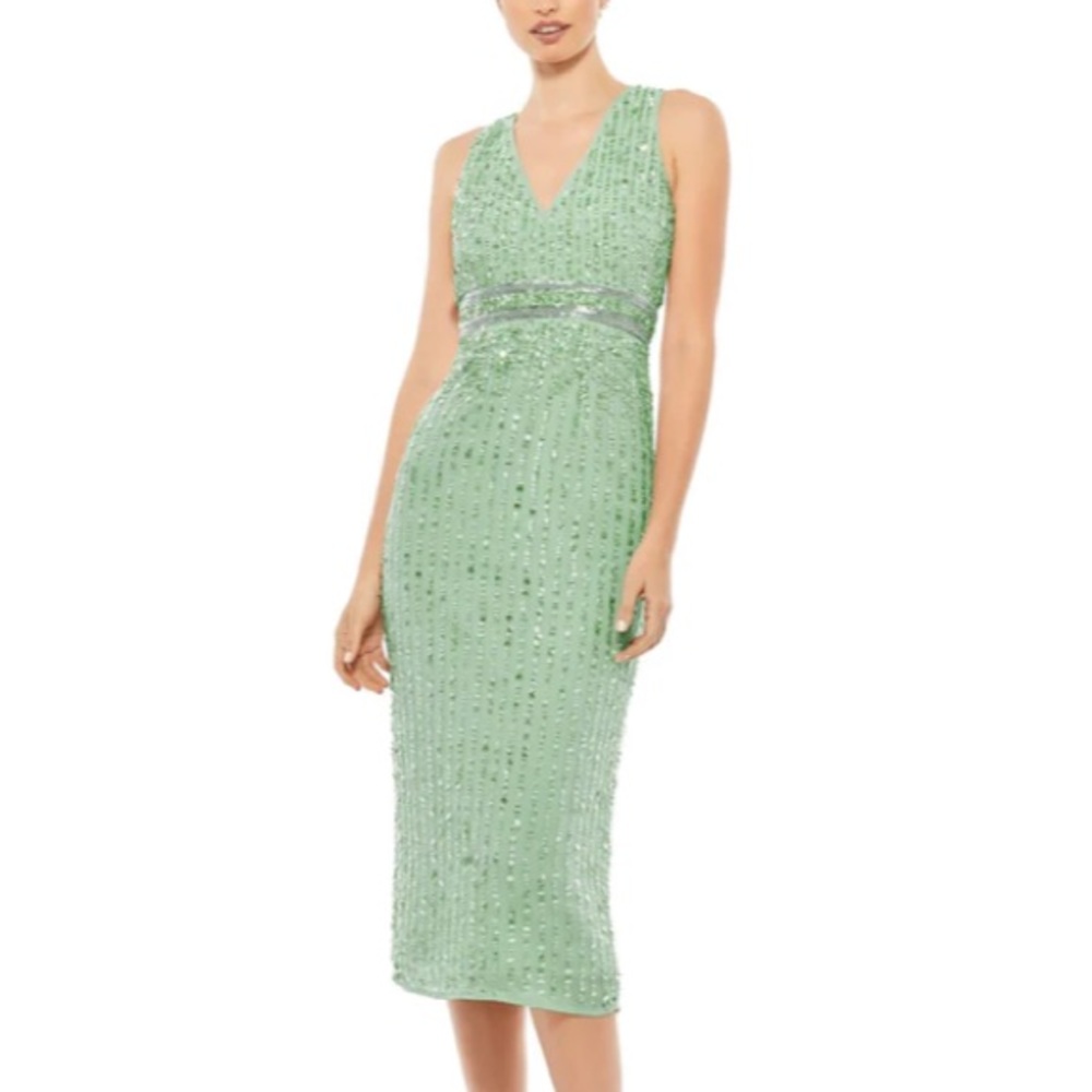 NWOT Mac Duggal mint green beaded midi cocktail dress